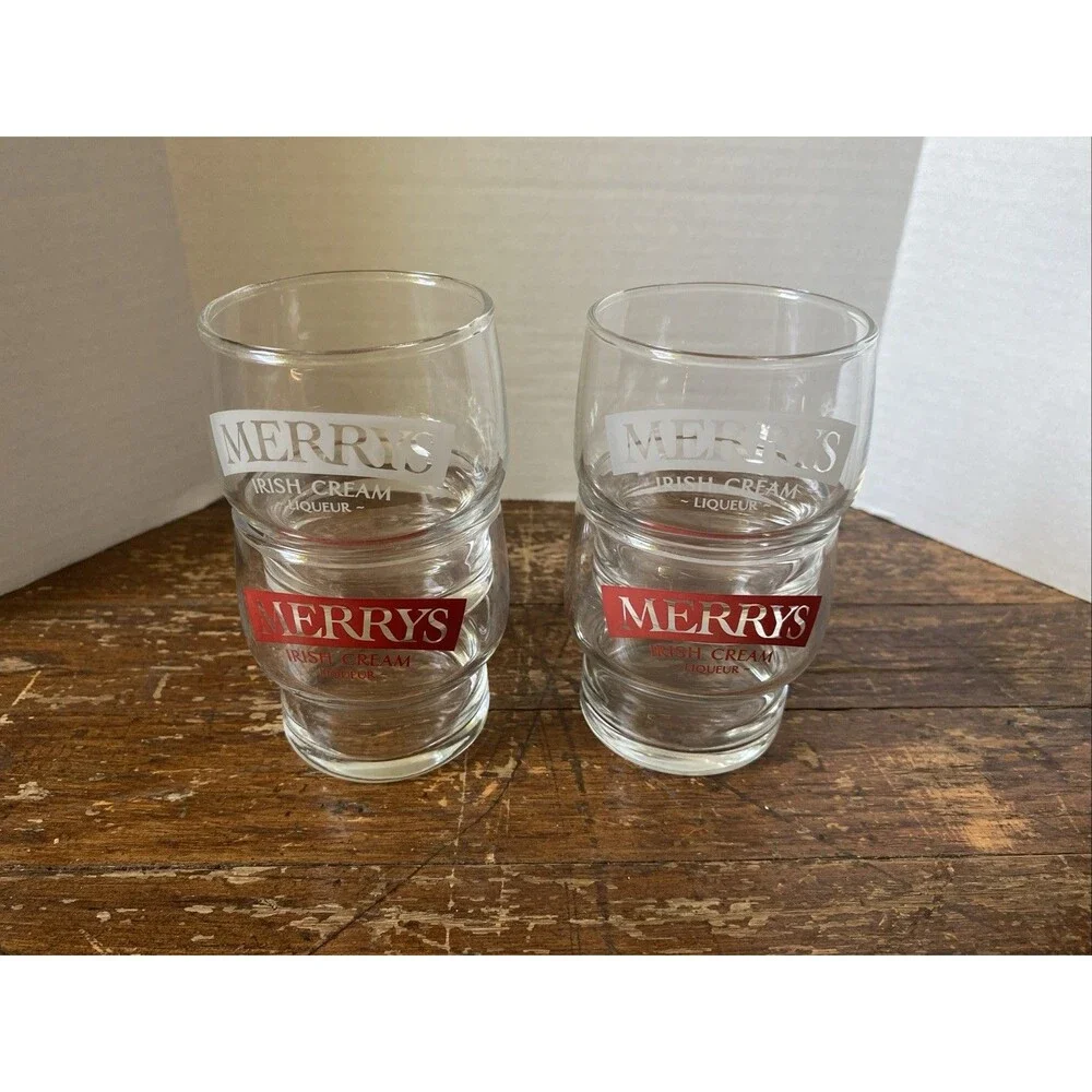 Merrys Irish Cream Liqueur Whiskey Glasses Set of 4 Red & White Letters VTG